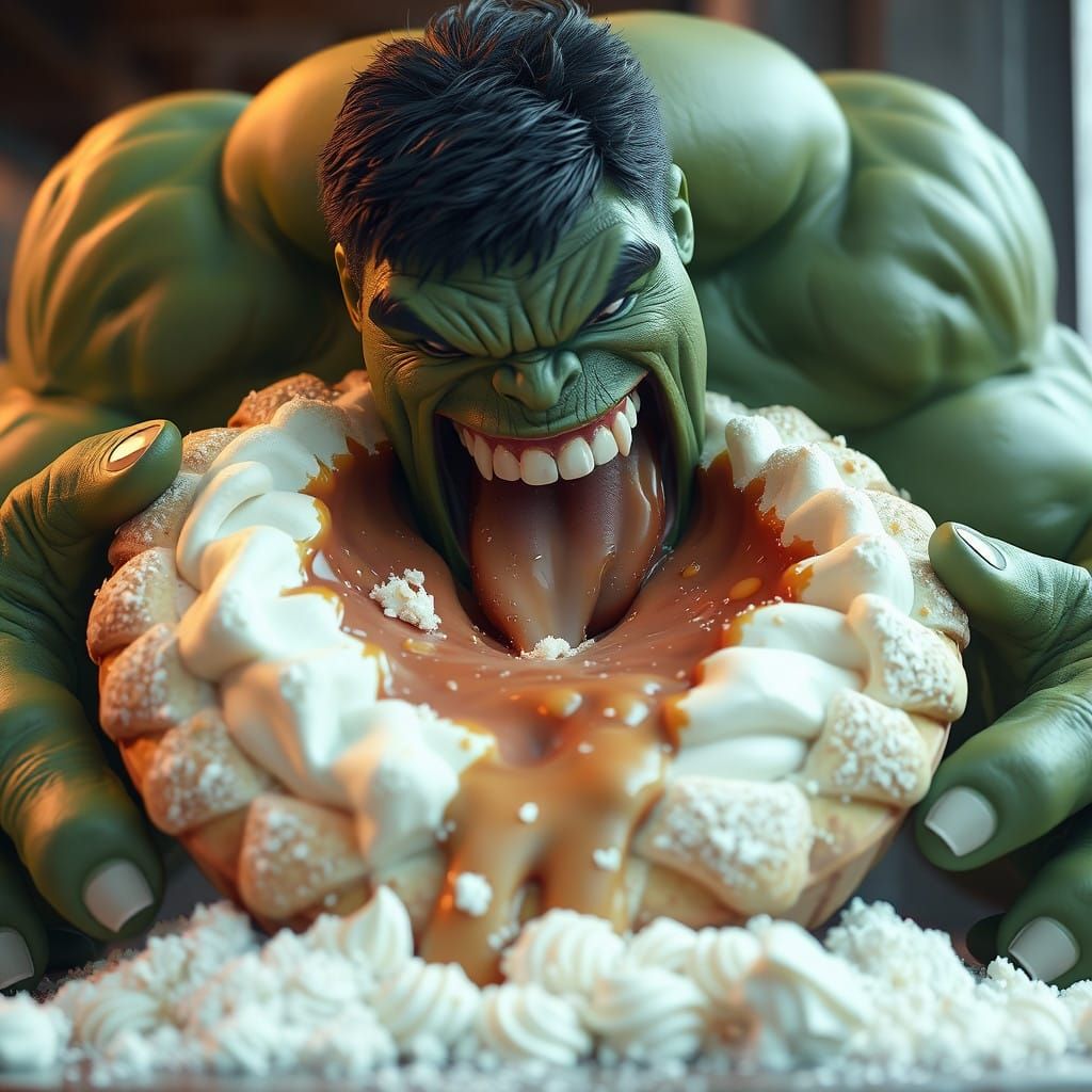 Hulk Devours a Giant Pie in Hyper-Realistic 3D Anime Style