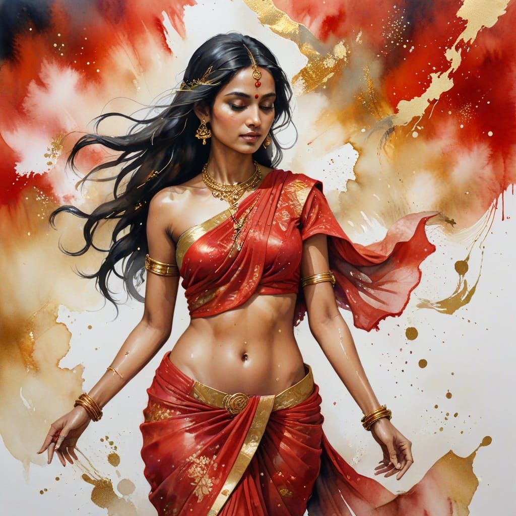 Abstract East Indian Woman in Red Sari with Gold Leaf
