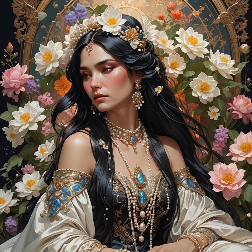 Elegant Woman in Flowers: Hyperdetailed Portrait