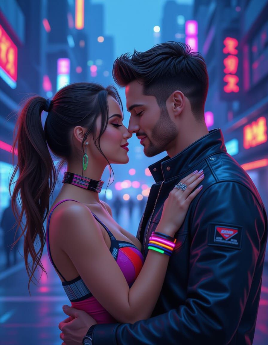 Futuristic Kiss: Cinematic Embrace in Neon Cityscape