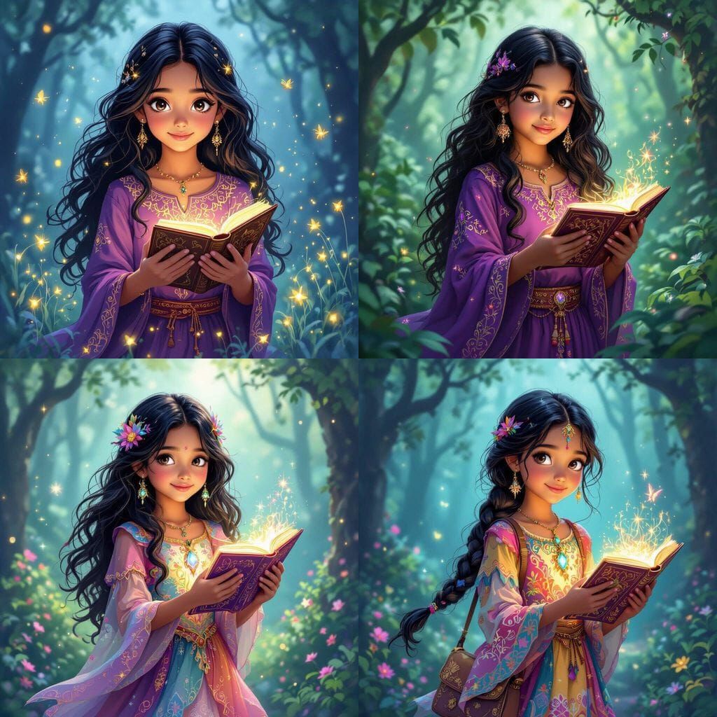Young Girl Reading Magical Book in Enchanted Forest