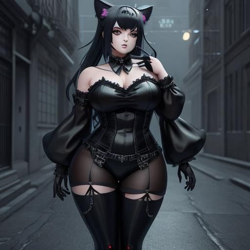 Curvy Goth Catgirl in 3D Anime Style