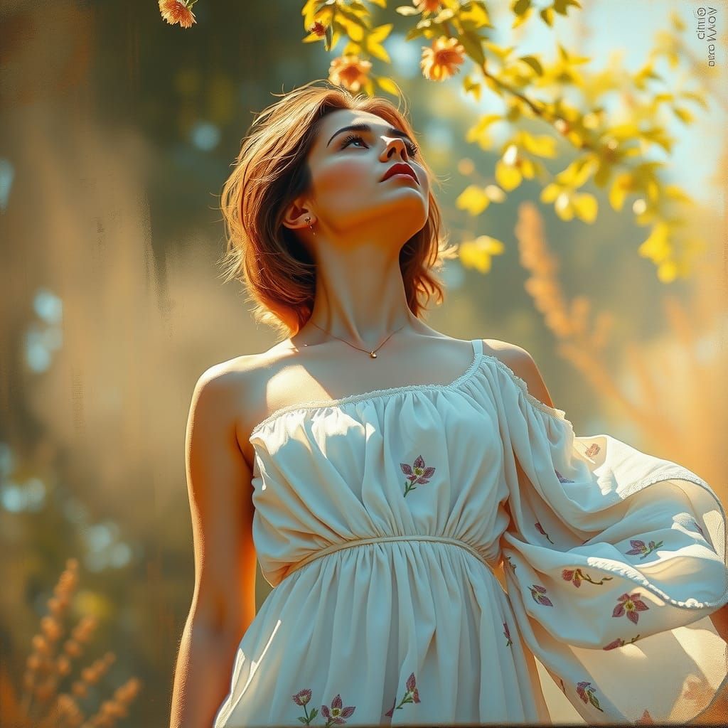Dreamlike Woman in Sunlight: An Impressionist Oil Painting