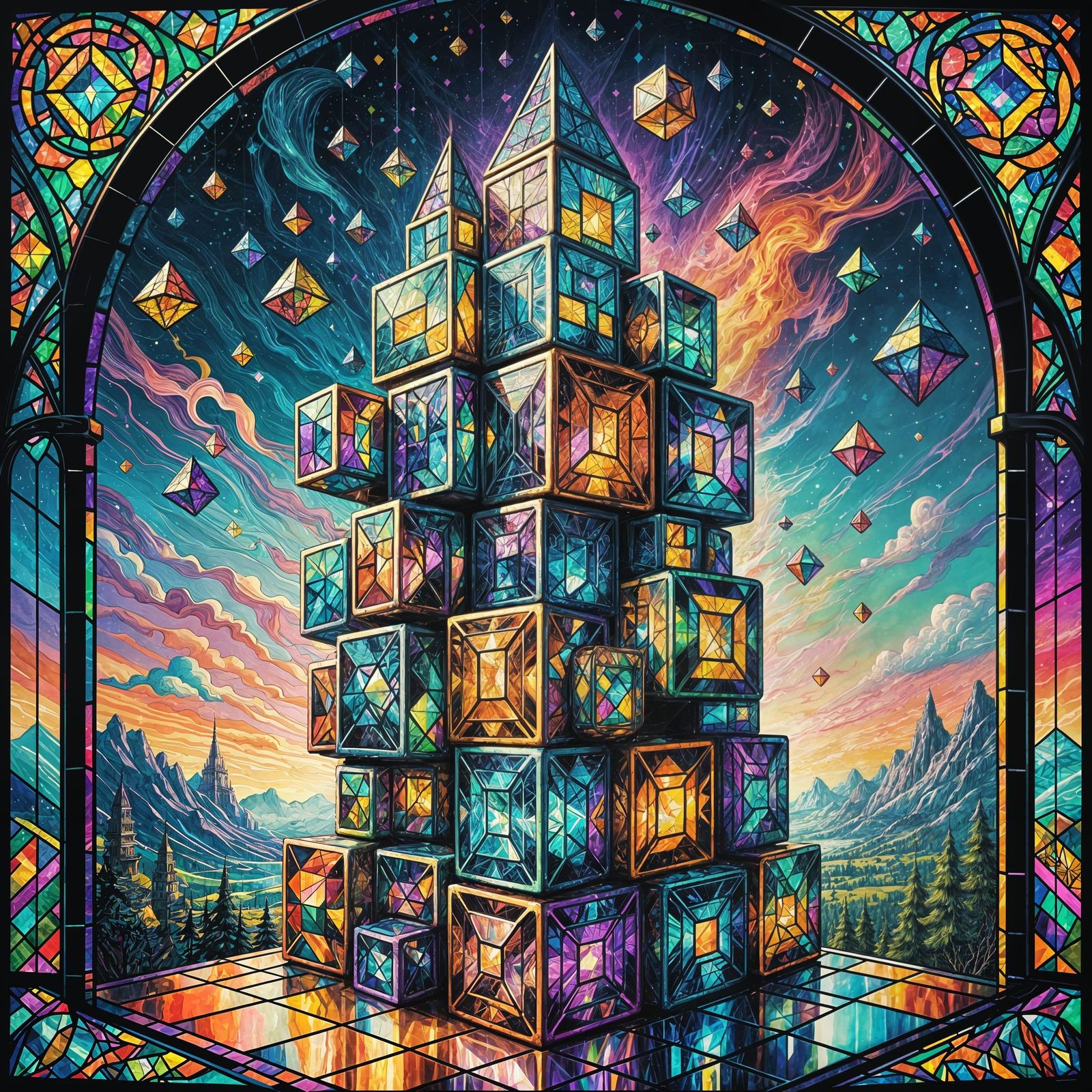 Mystical Cubes-Girl Defies Gravity in a Tower of Color