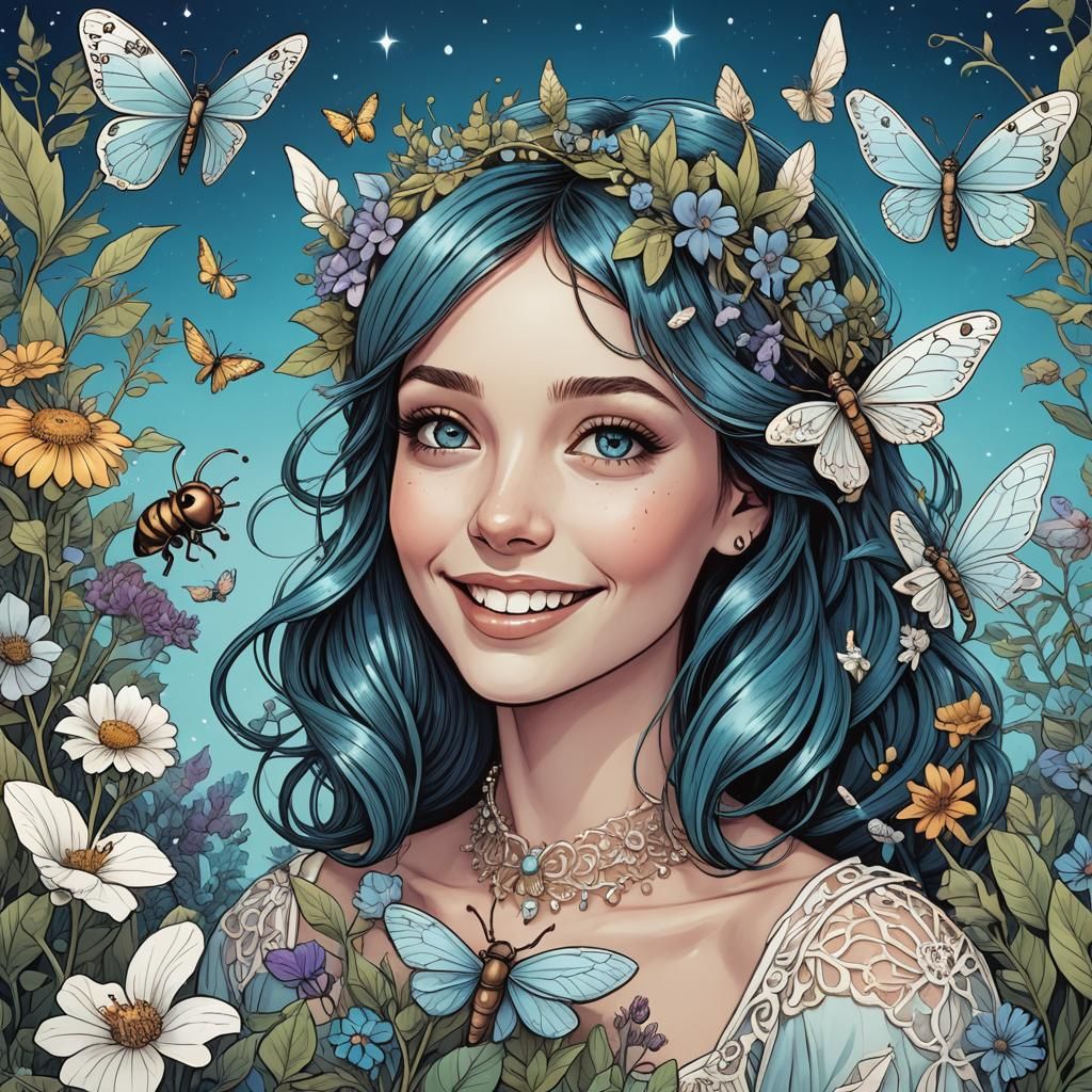 Pop Art Fairy with Insect Friends in Monochrome