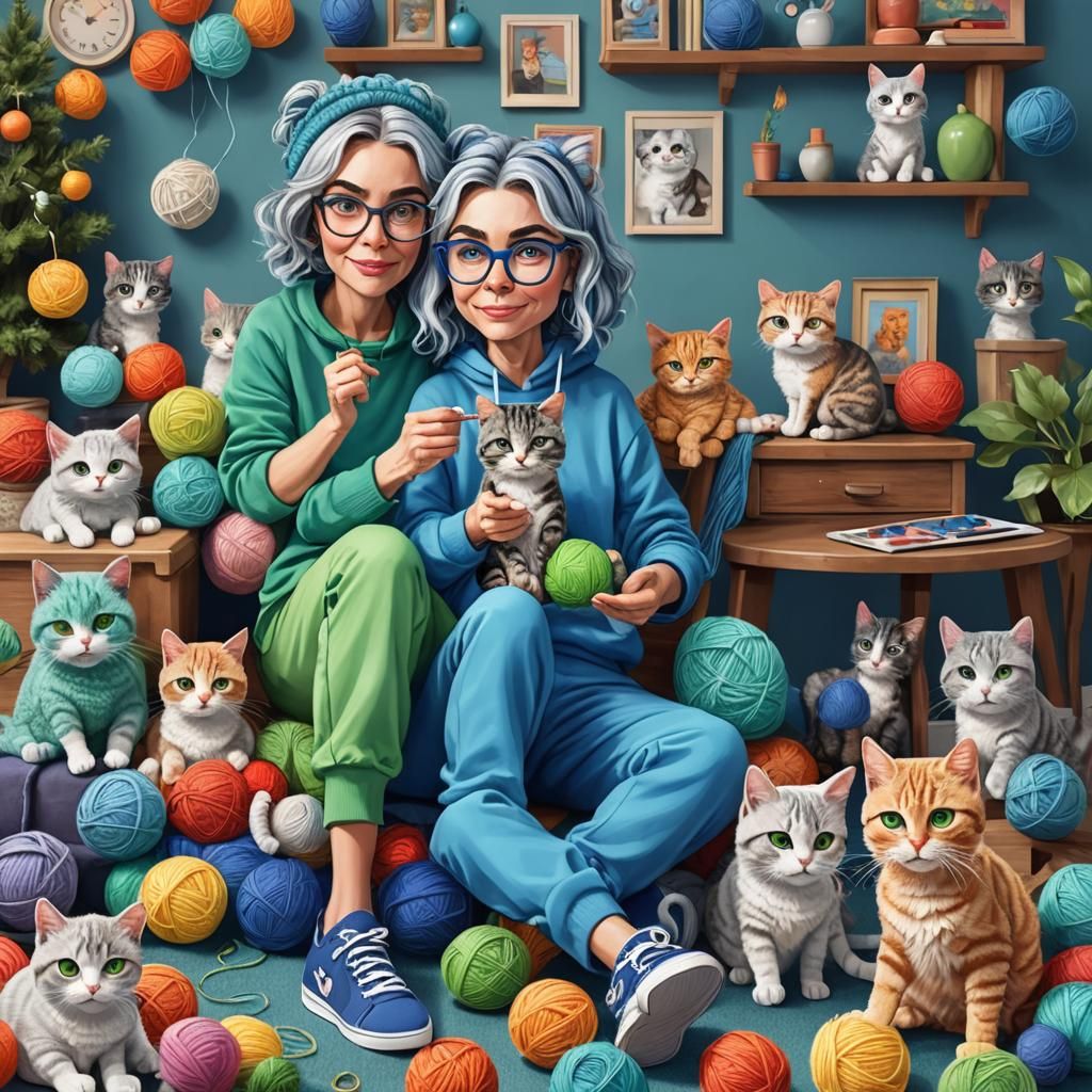 Whimsical Woman Crocheting With Cats, 3D Vector Art