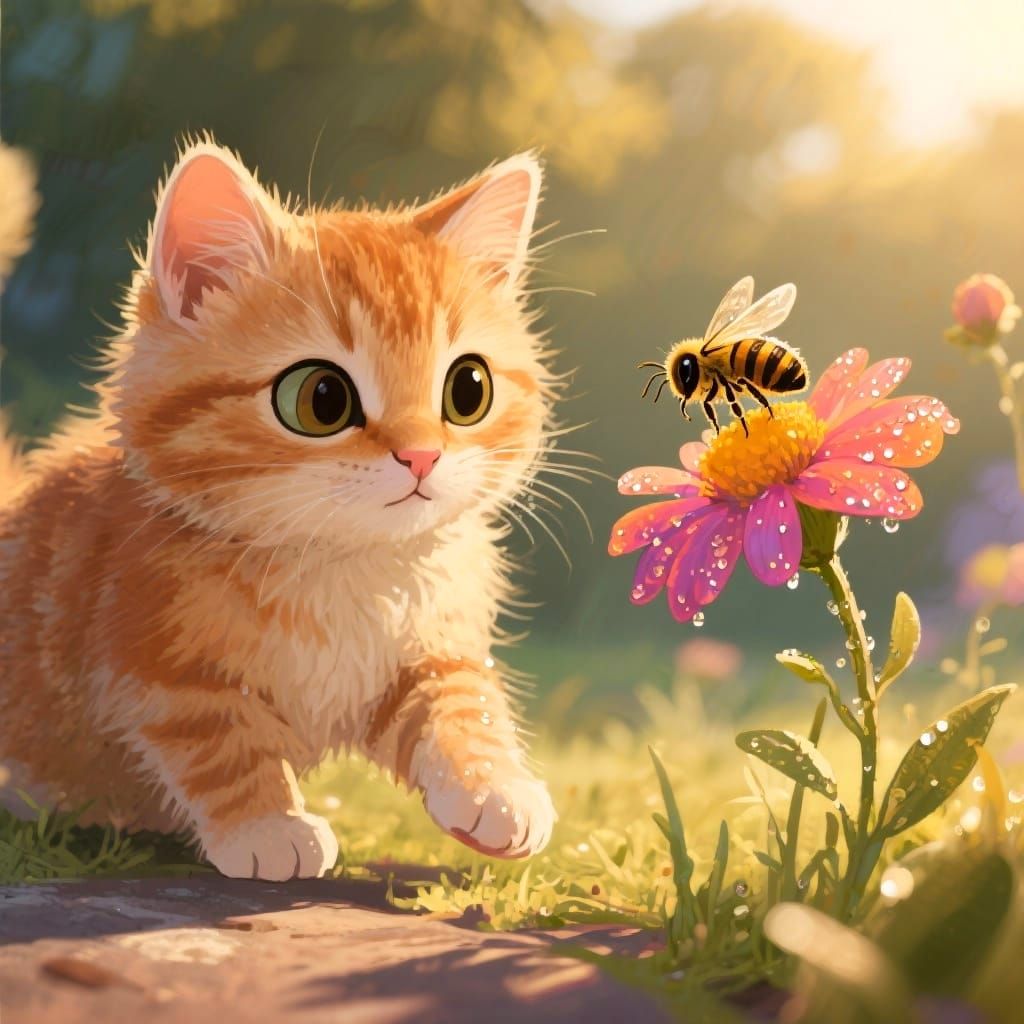 Curious Kitten Approaches Wildflower in Golden Hour Light