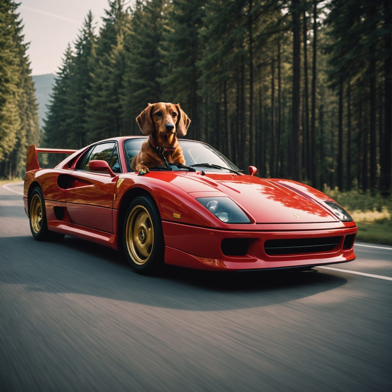 Golden Dachshund Drives a Red Ferrari F40