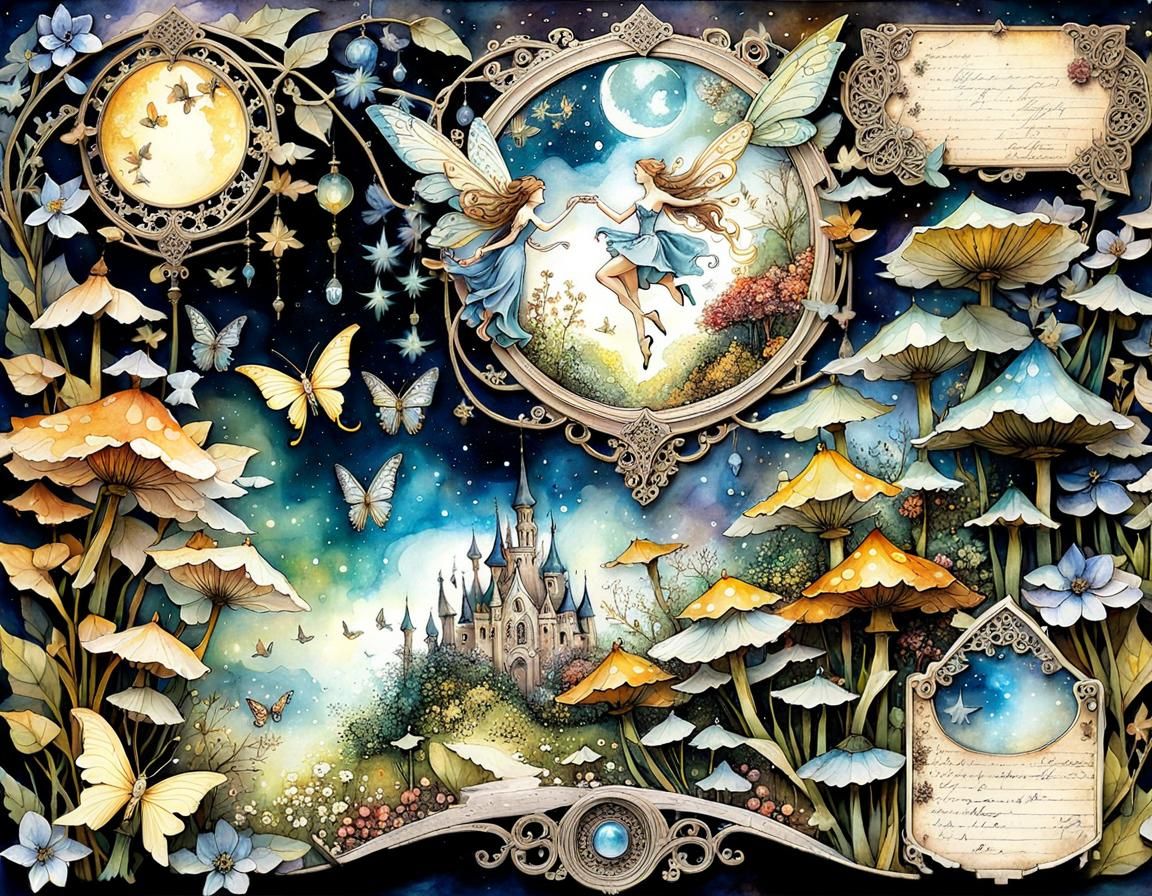 Fairies in Magical Garden: Watercolor Ink Scrapbook