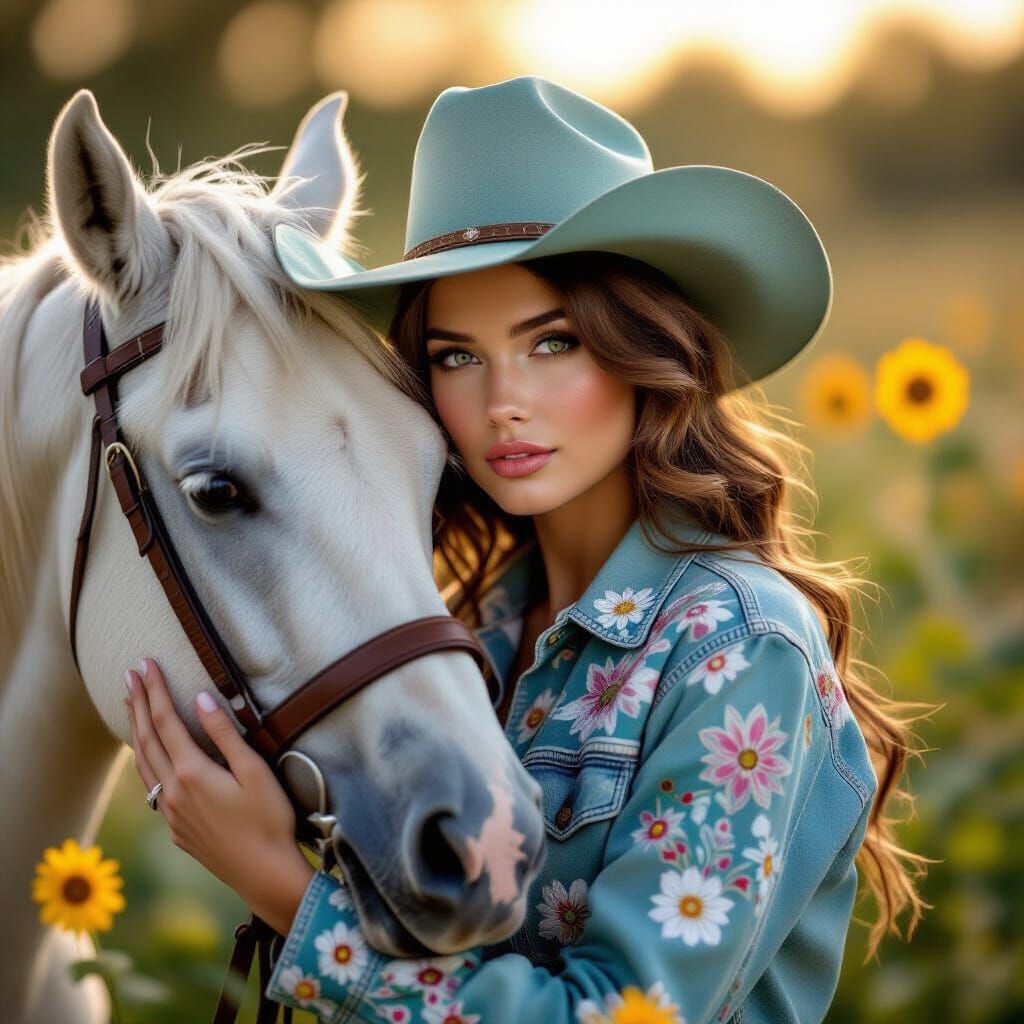 Cowgirl and White Horse in Golden Sunflower Field