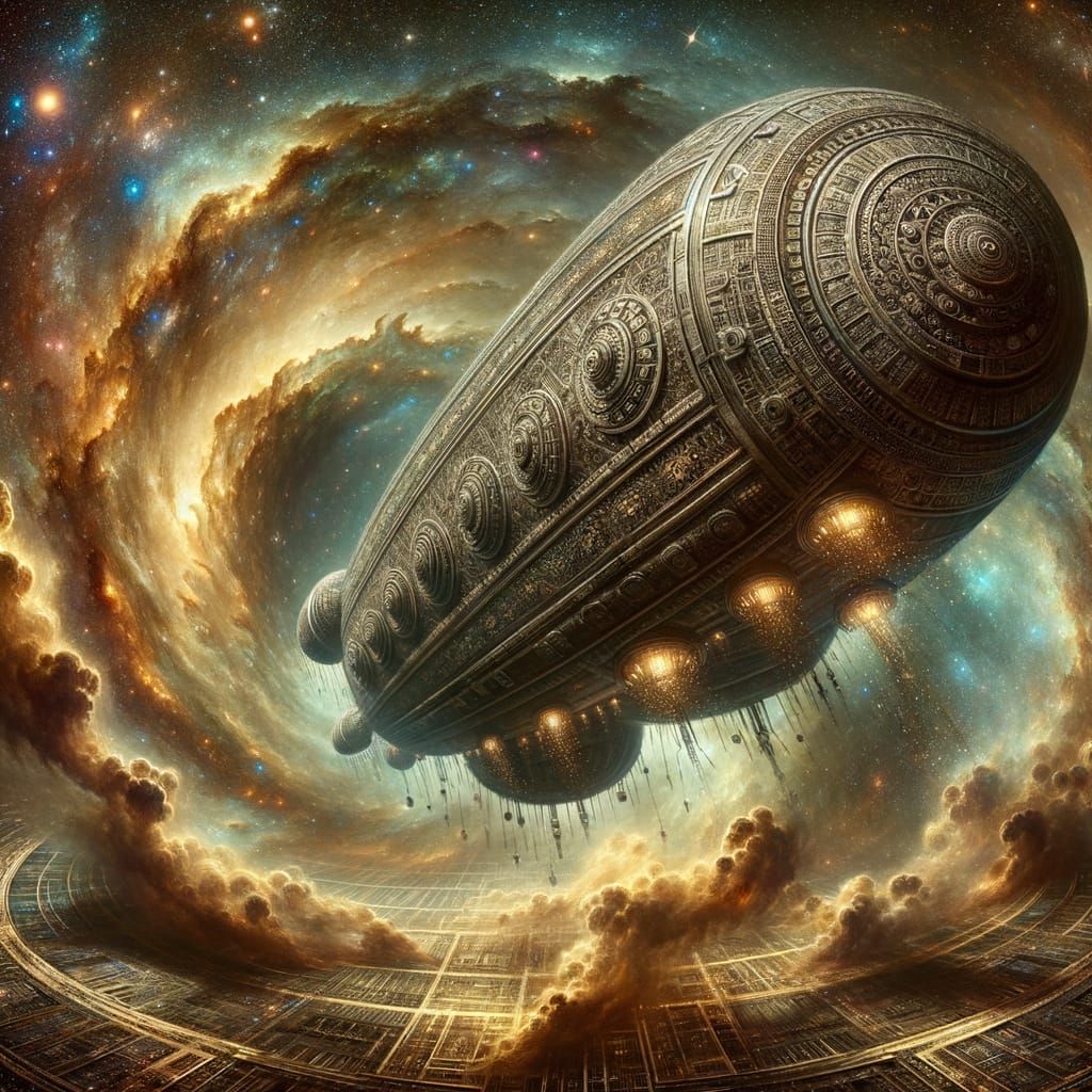 Ancient Obsidian Airship Drifts Through Cosmic Nebula