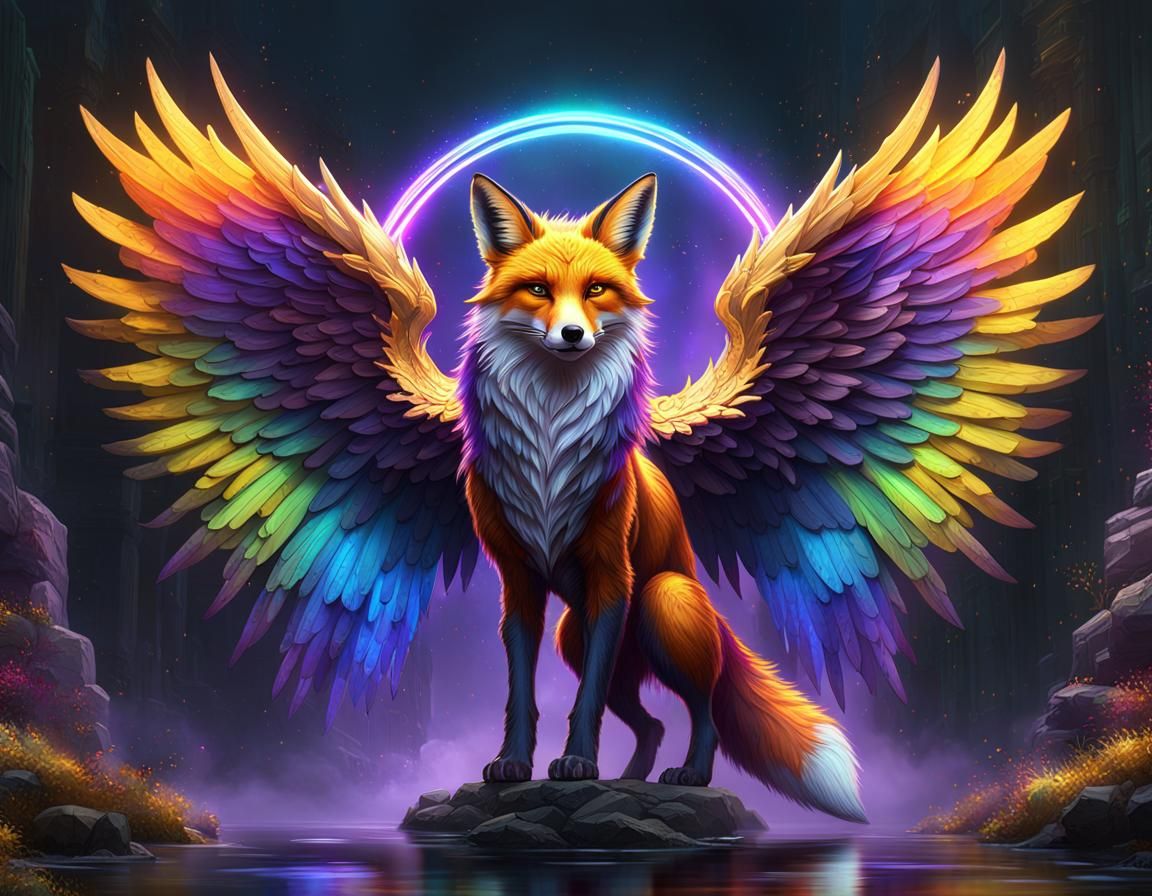 Rainbow Fox with Wings and Halo in Dark Fantasy Style