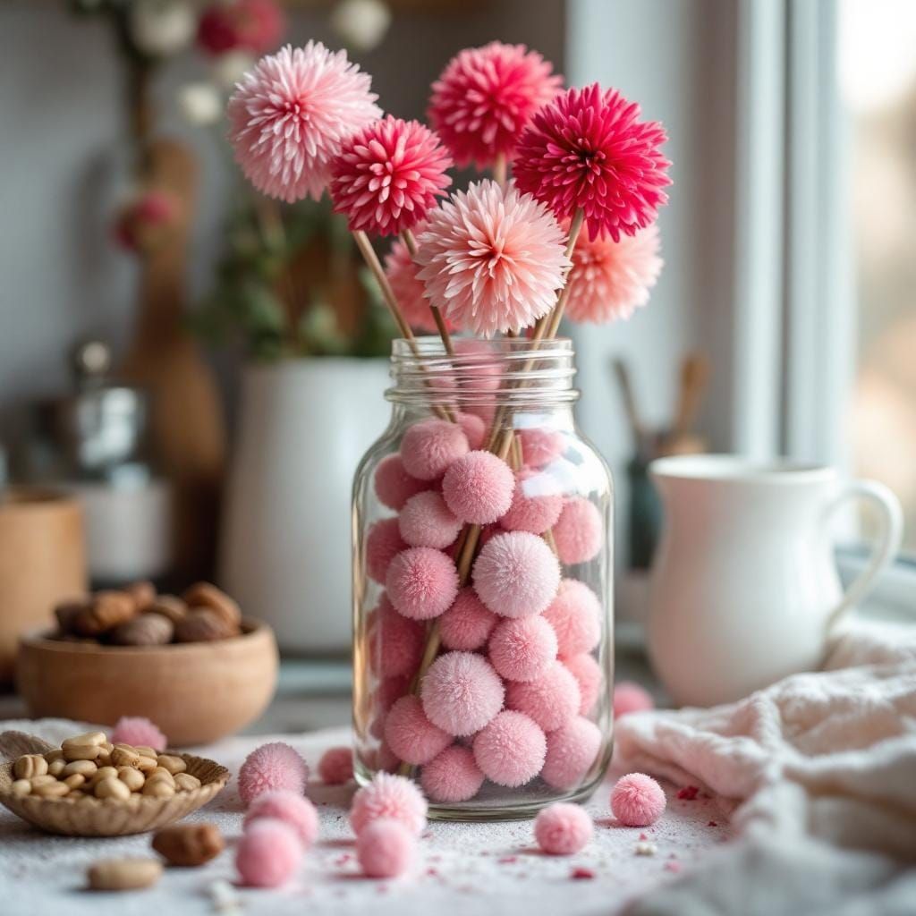 Colourful Pink Pom Poms in Glass Jar Photo