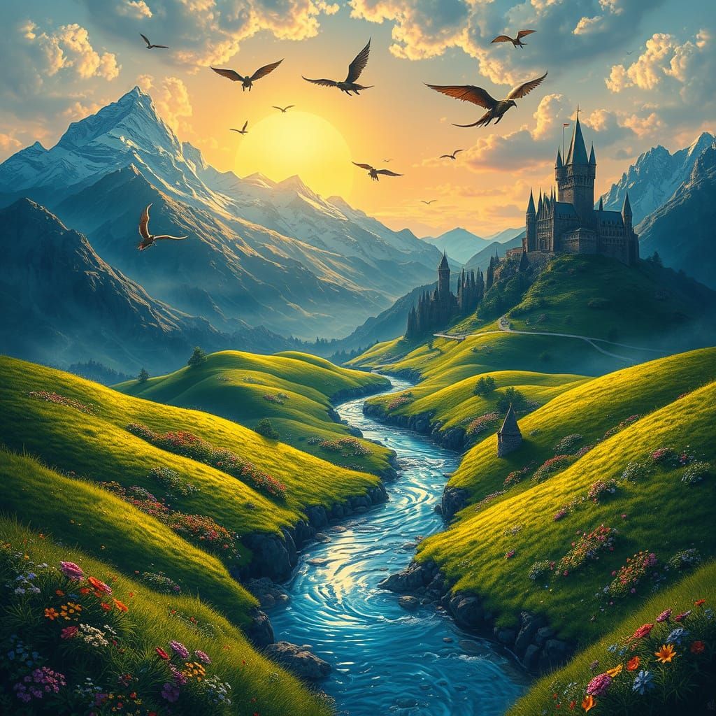 Surreal Fantasy Realm with Magical Landscapes and Medieval C...