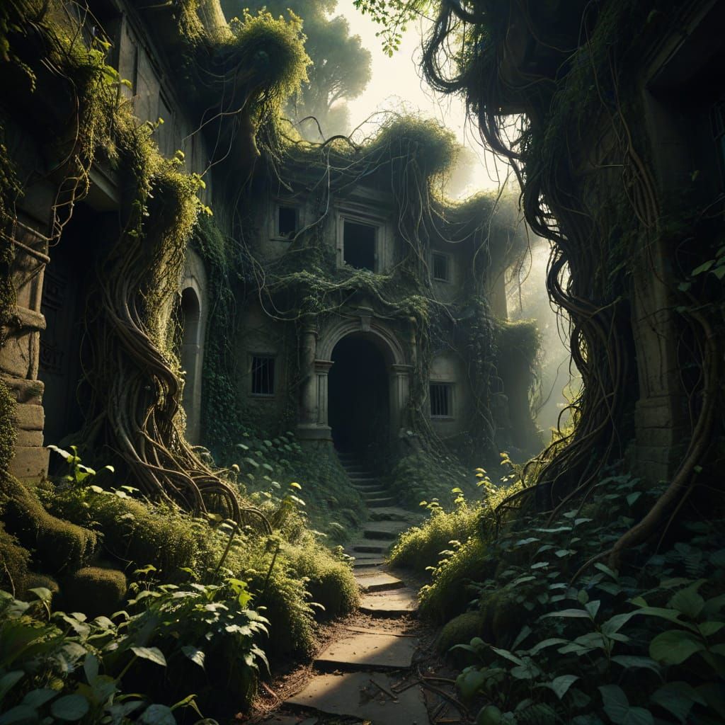 Creepy Surreal Maze of Tangled Plants and Statues