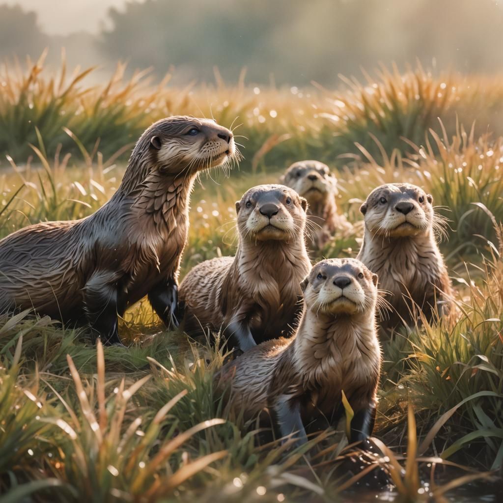 Otters Play in Dreamy Watercolor Landscape