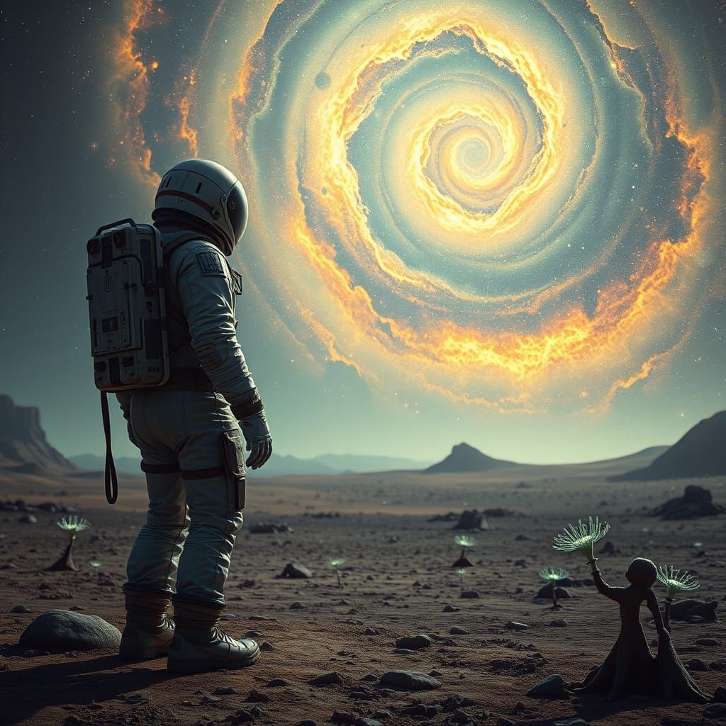 Astronaut Gazes at Cosmic Nebula on Alien Planet