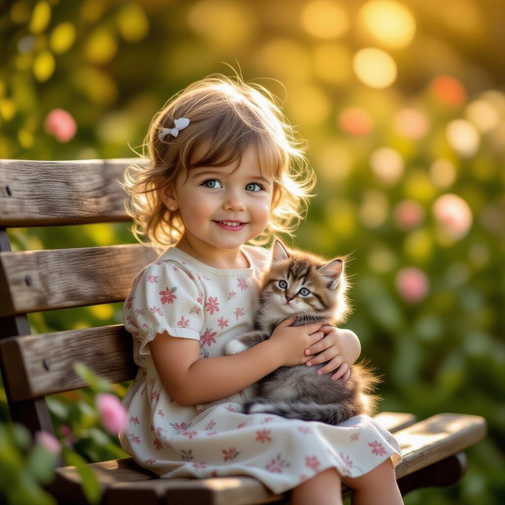 Child and Kitten on Bench in Sunlit Garden