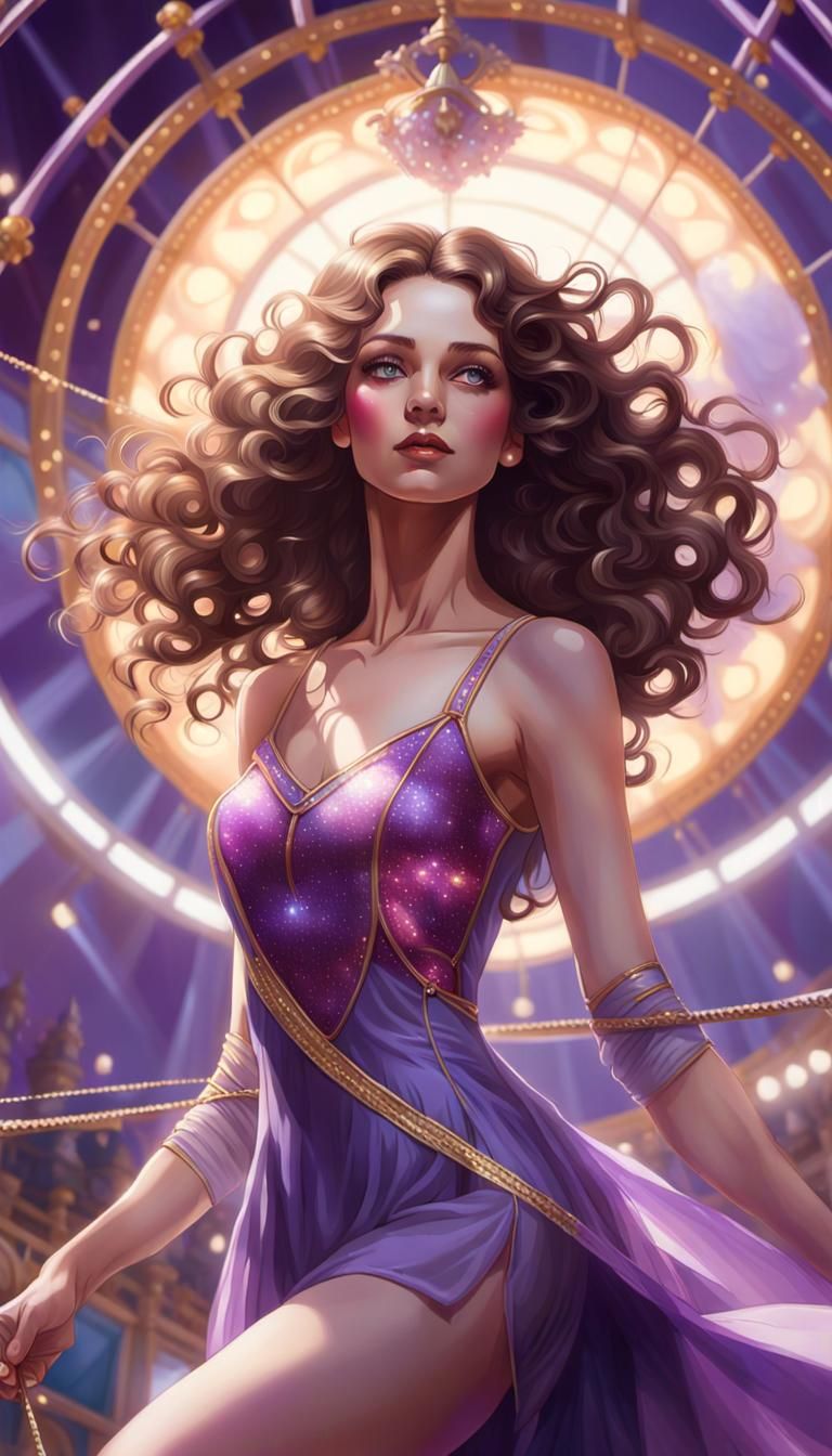 Professional tightrope girl with brown long curly hair in th...