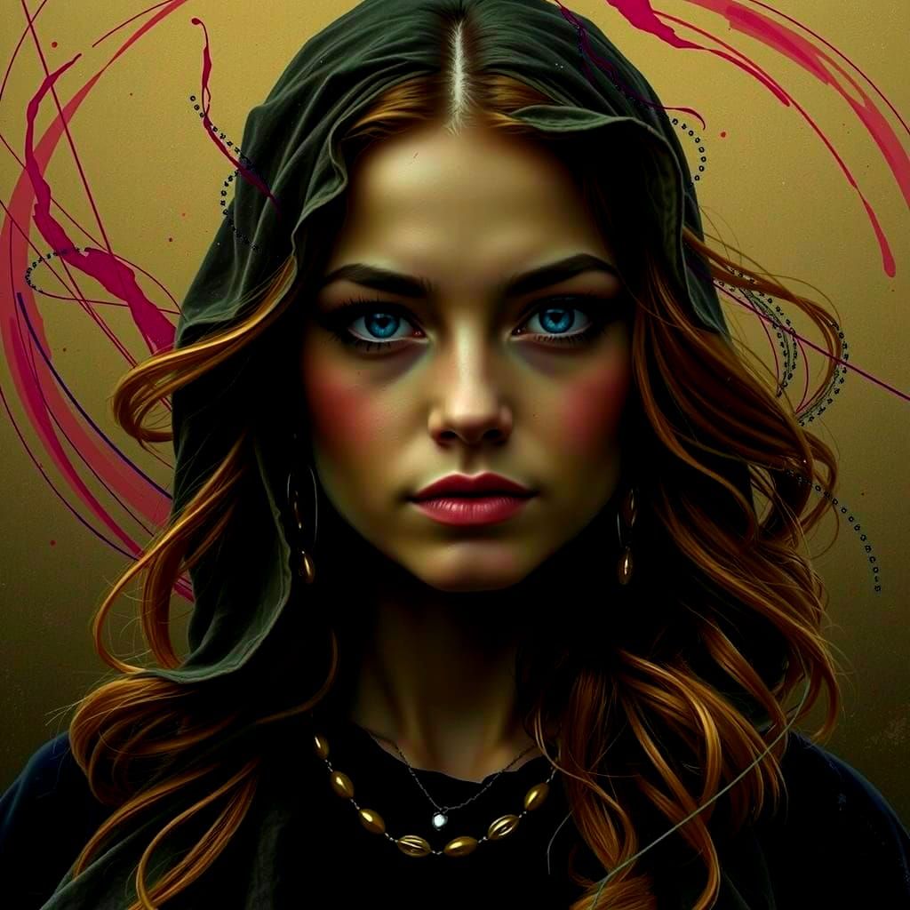 Black and White Portrait of Woman with Crimson Streak