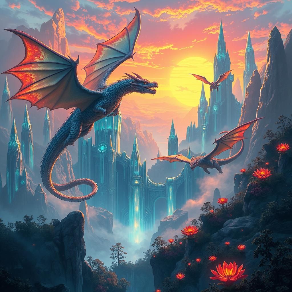 Mystical Realm with Dragons in Eerie Futurism