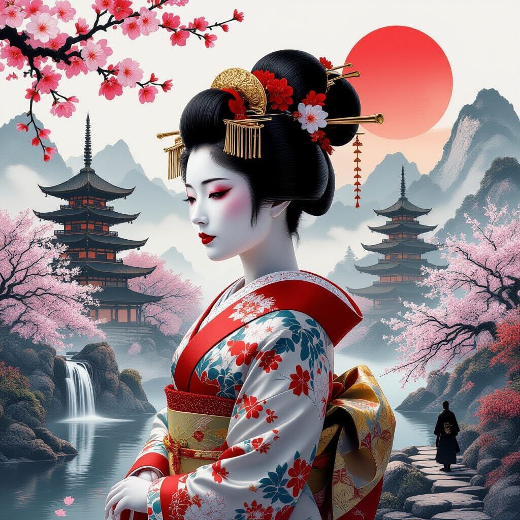 Geisha Merging with Misty Japanese Landscape in Double Expos...