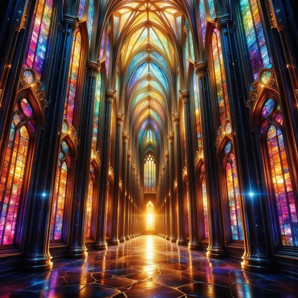 Ancient Stained Glass Cathedral Glowing in Medieval City