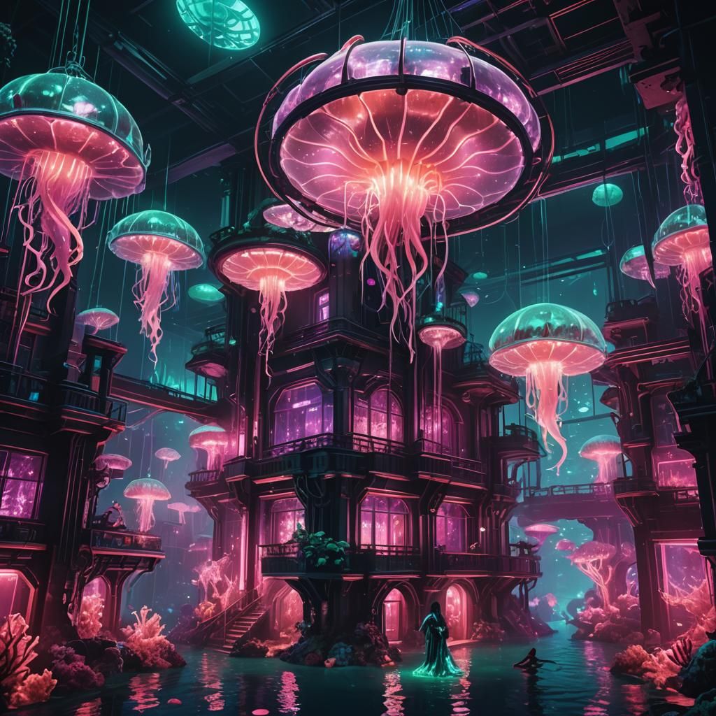 Cyberpunk Underwater Palace with Mermaids