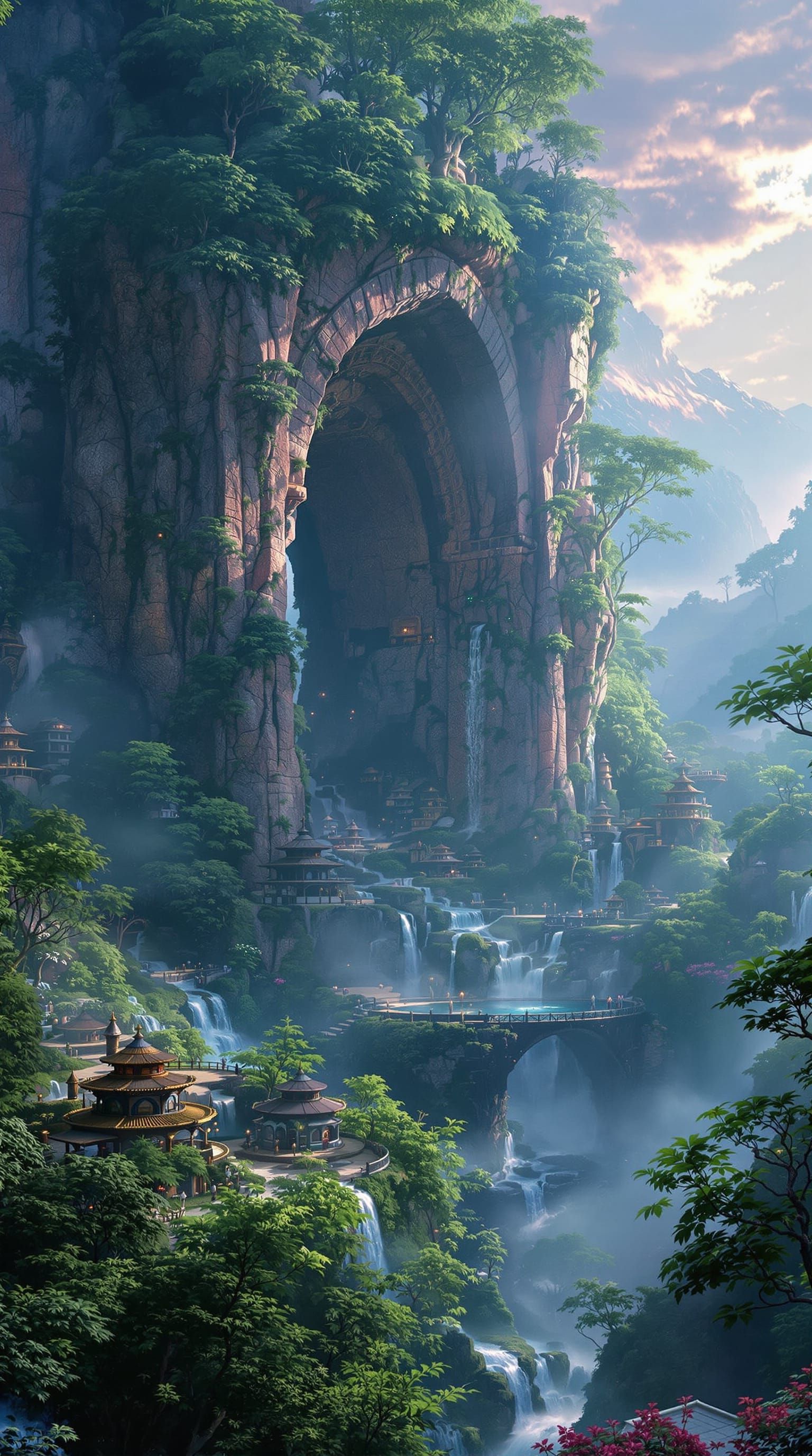 Fantasy Valley Hidden Within Ancient Gateway at Twilight