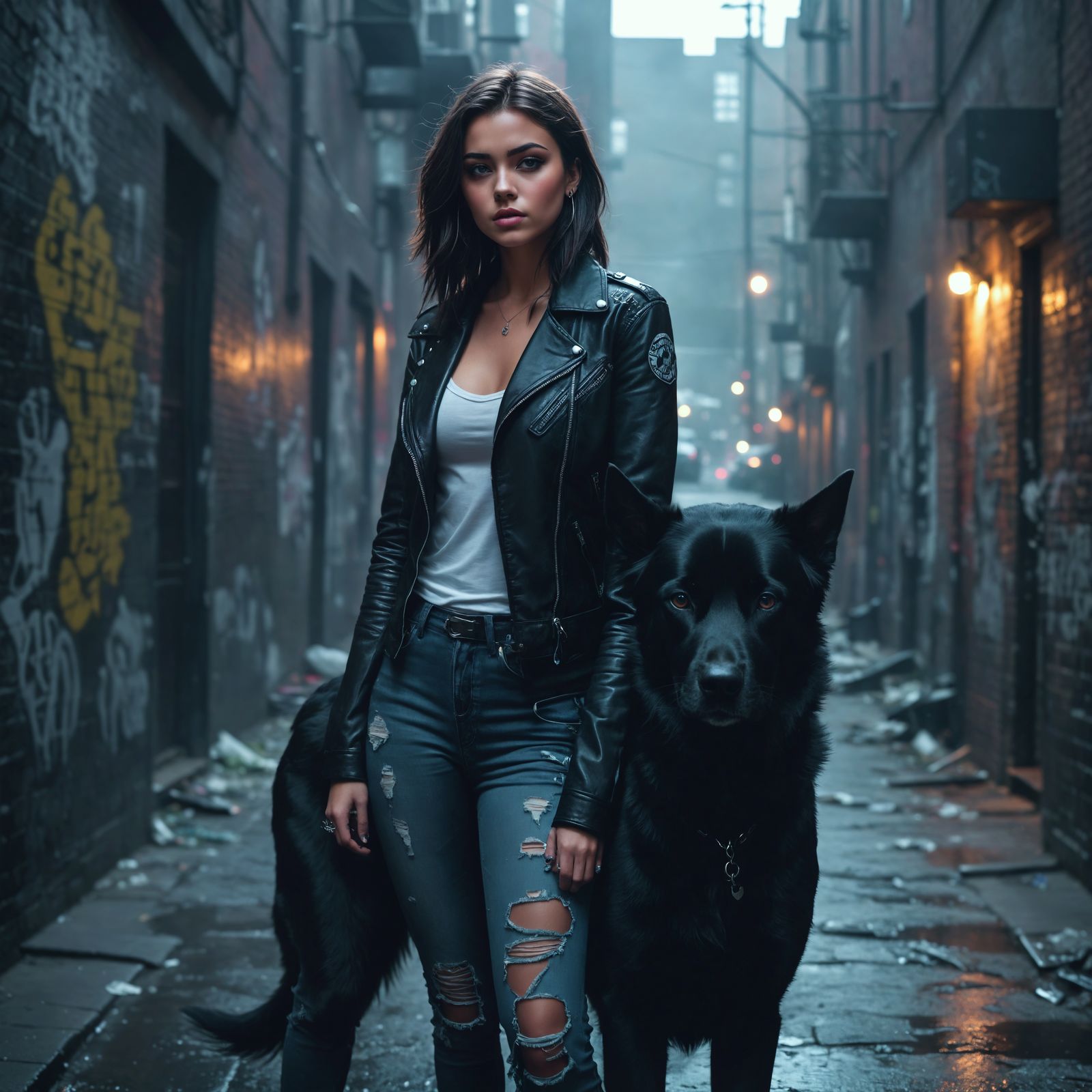 Defiant Girl and Dog in Gritty Alleyway