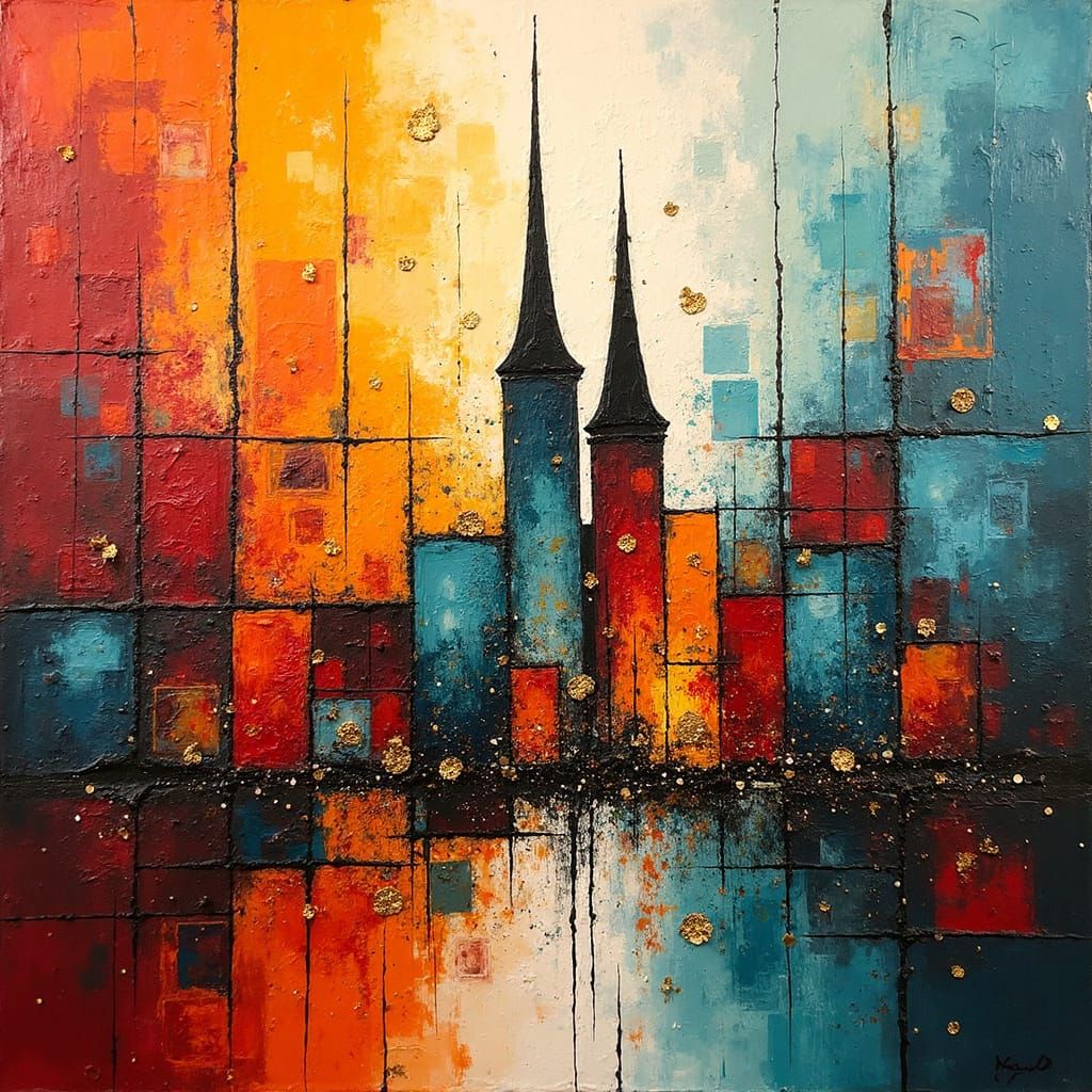 Abstract Cityscape with Church Spires in Impasto Style