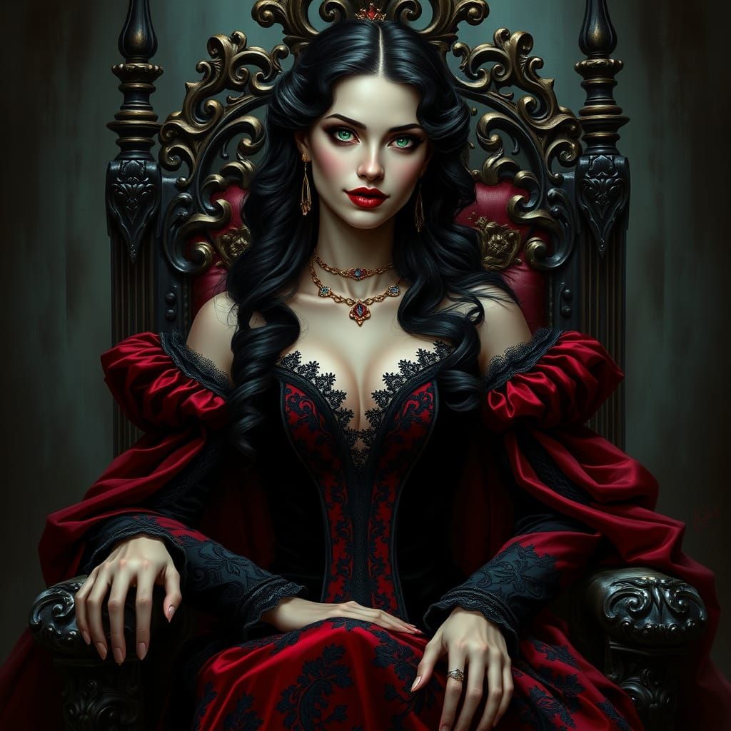 Gothic French Vampire Queen in Black Velvet and Crimson