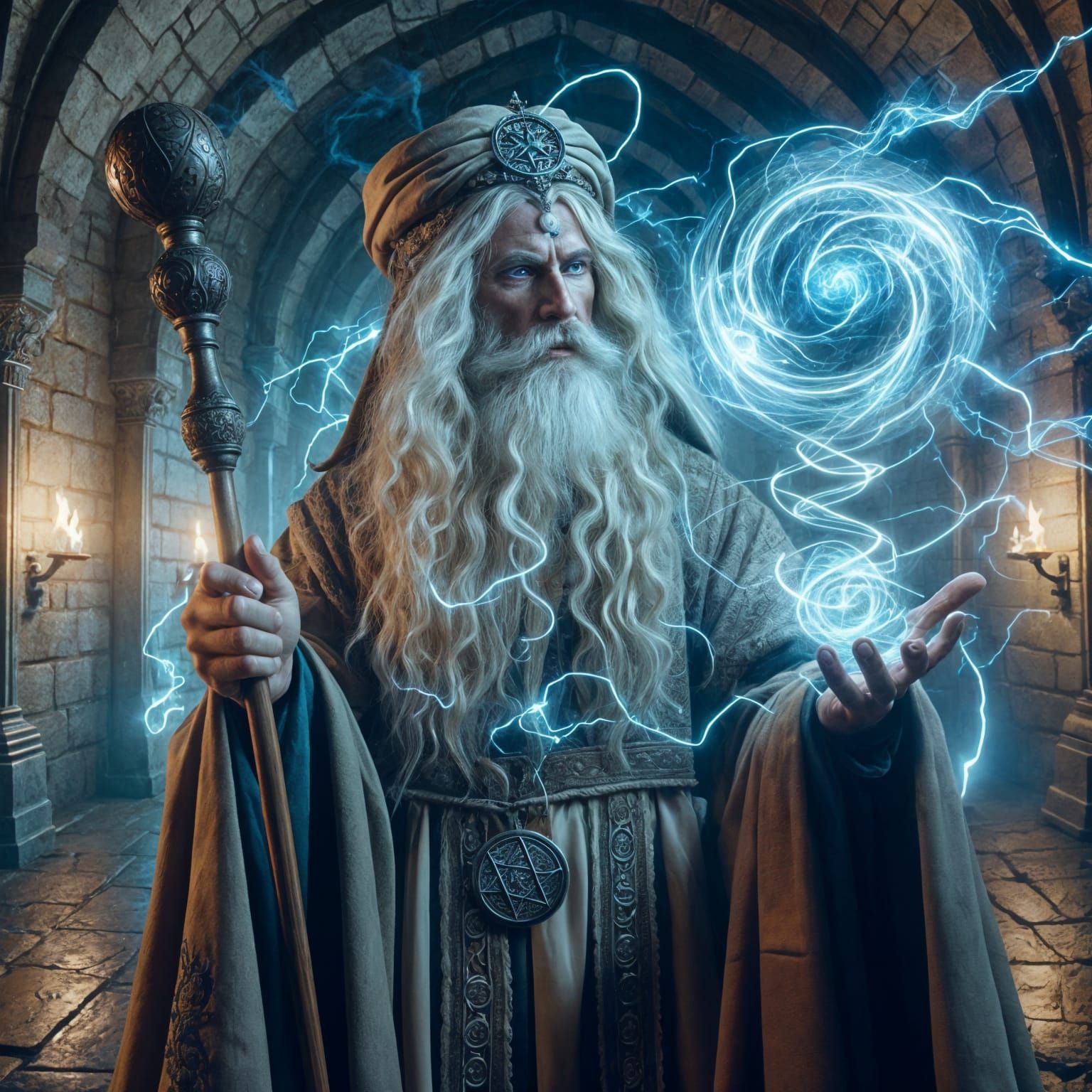 Hyper-realistic wizard casting an intricate spell