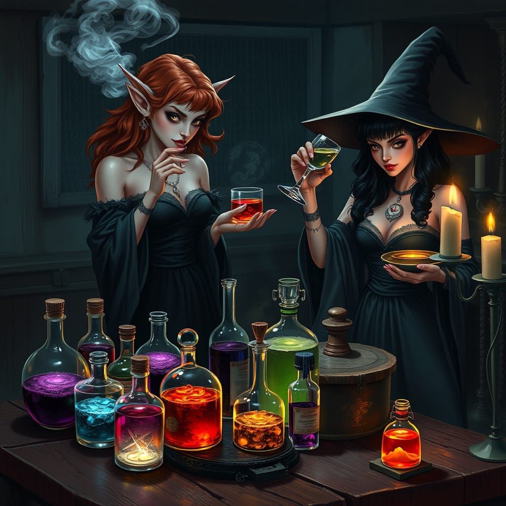 Witches Testing Magical Potions in Moody Candlelight