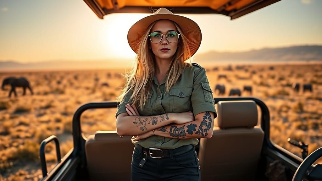 Woman Gazing Across Savanna at Golden Hour, Safari Style