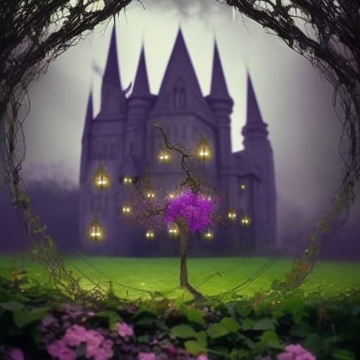 Ethereal Gothic castle covered in vines with Beautiful flowers blossom being all around it& ethereal vibes& magical vibe...