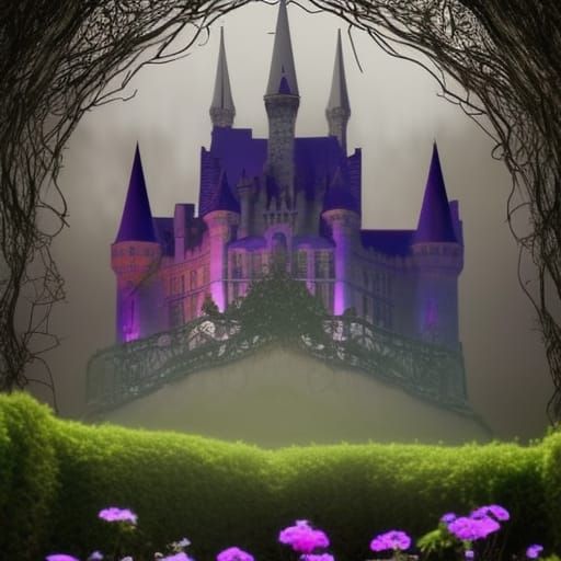 Ethereal Gothic castle covered in vines with Beautiful flowers blossom being all around it& ethereal vibes& magical vibe...