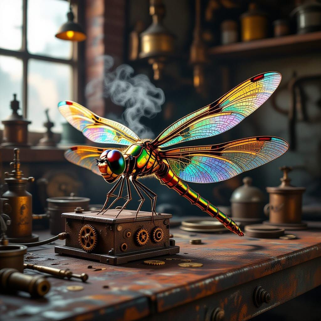 Steampunk Dragonfly with Iridescent Copper Wings
