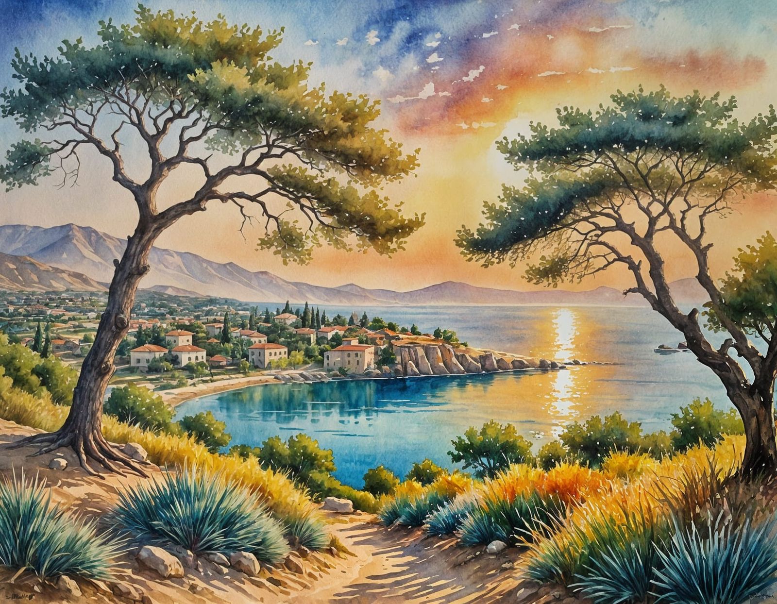 Watercolor Landscape Painting of Cyprus