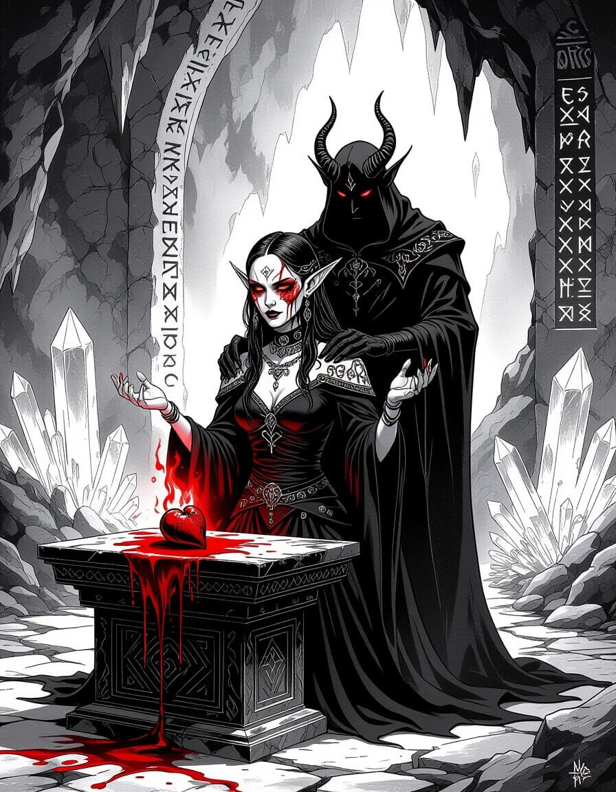 Elven Sorceress Channels Dark Magic at Obsidian Altar