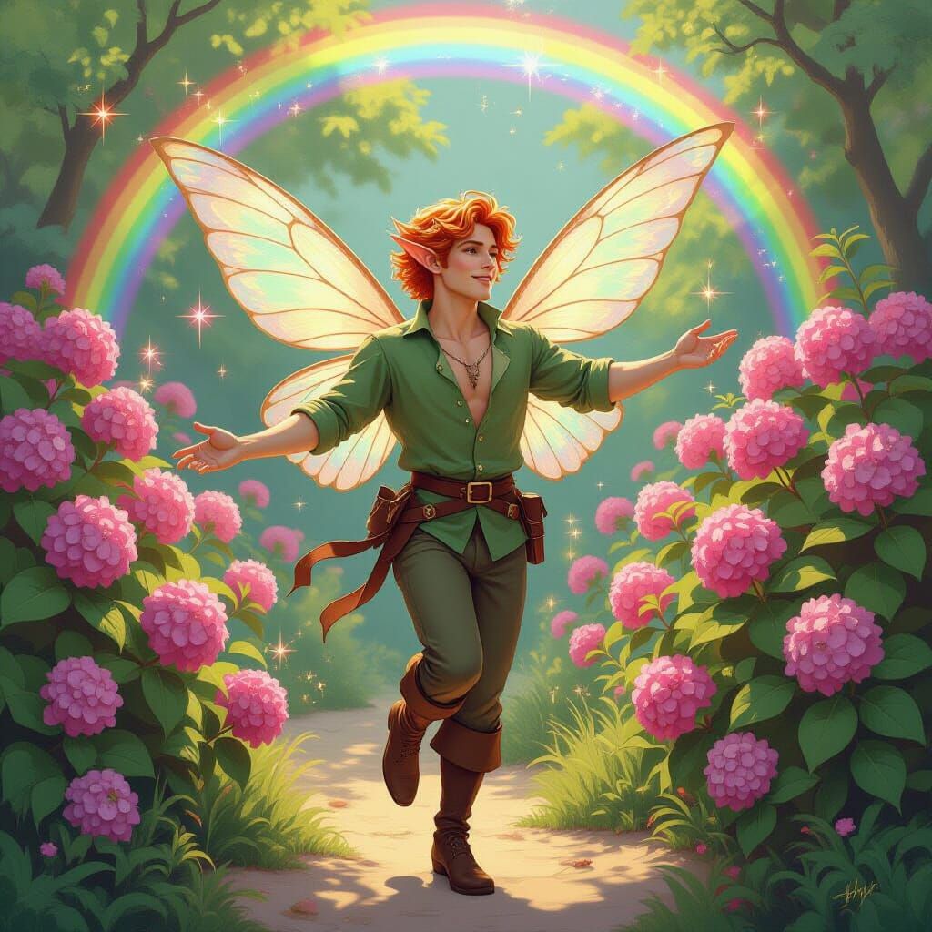 Handsome Fairy Dances Among Hydrangeas: Impressionistic Styl...