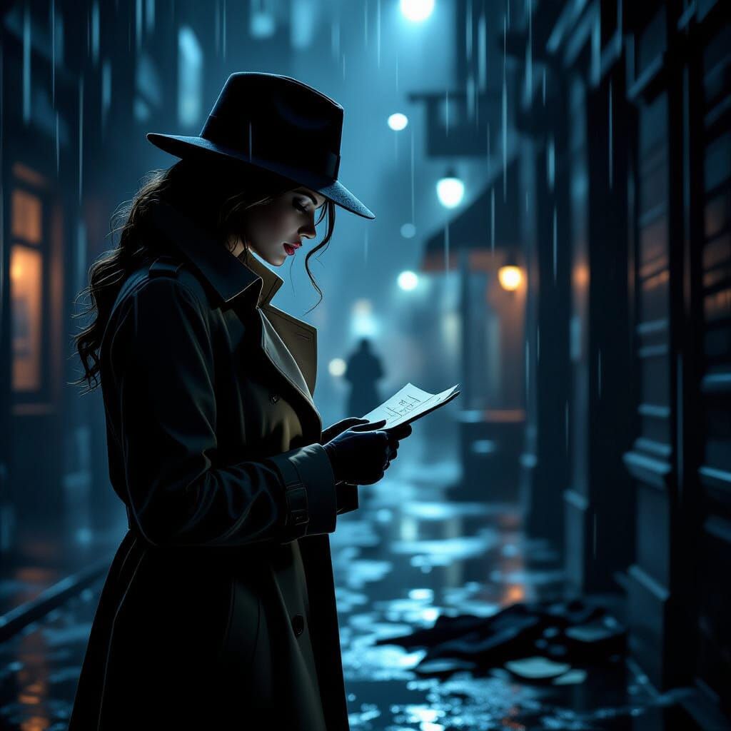 Noir Detective Investigates Crime Scene