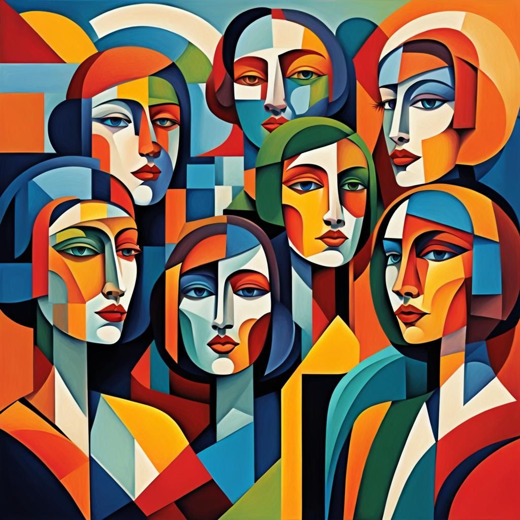 Women in Solidarity: Cubist Art Deco Style