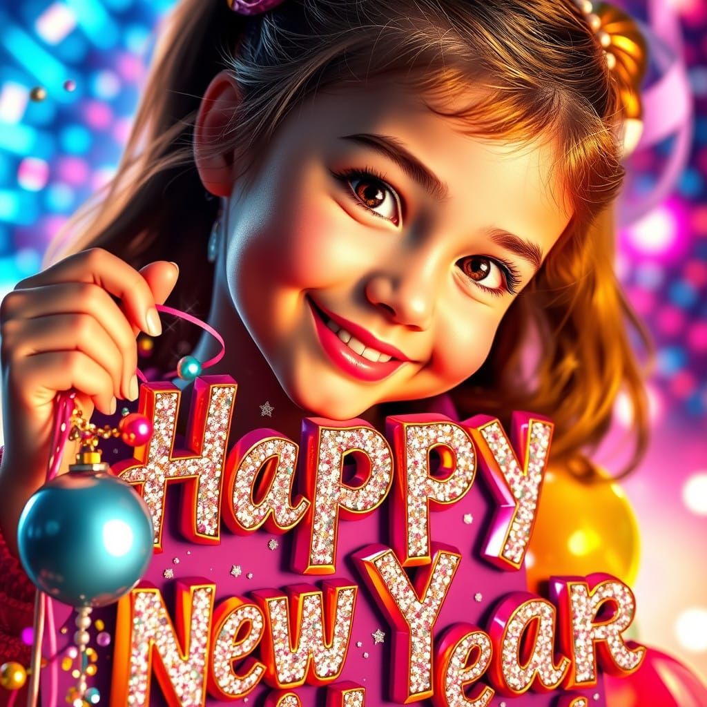 Radiant Girl Celebrates New Year with Vibrant Confetti and B...