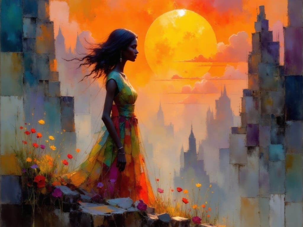 Ethereal Goddess in Vibrant, Dreamlike Landscape