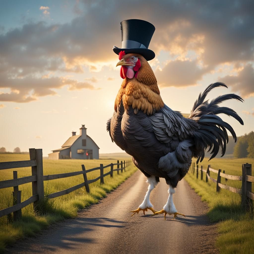 Giant Chicken in Top Hat Walks Country Road