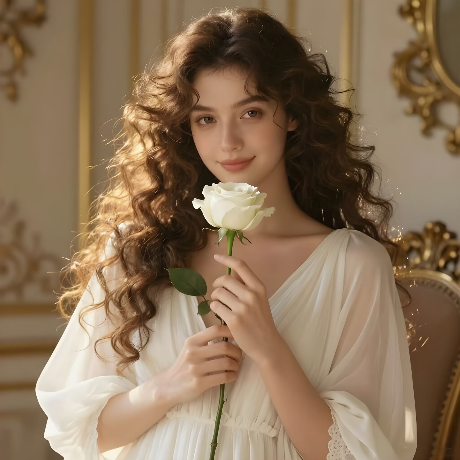 Determined Woman with Rose in Beautiful Interior
