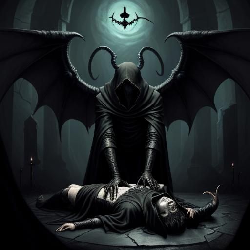 Lovecraftian Cultist Studying Necromancy with Wings