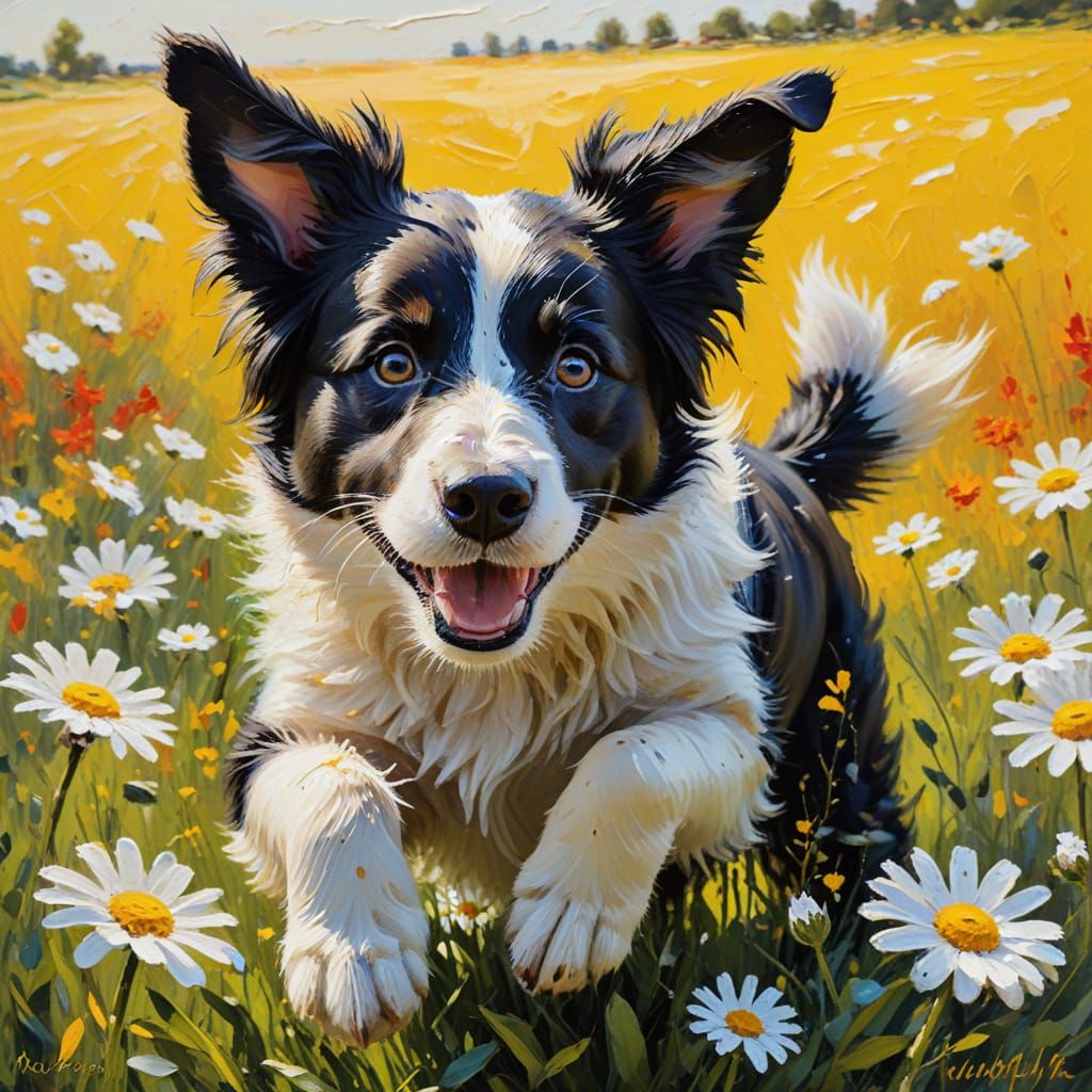 Border Collie Puppy in Daisies: Impasto Painting