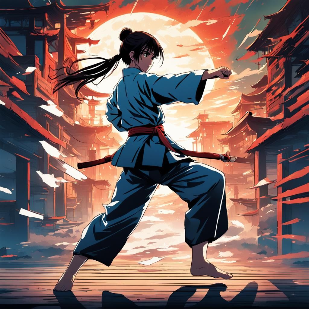 Anime Girl Fighting Karate in Cel-Shaded Style